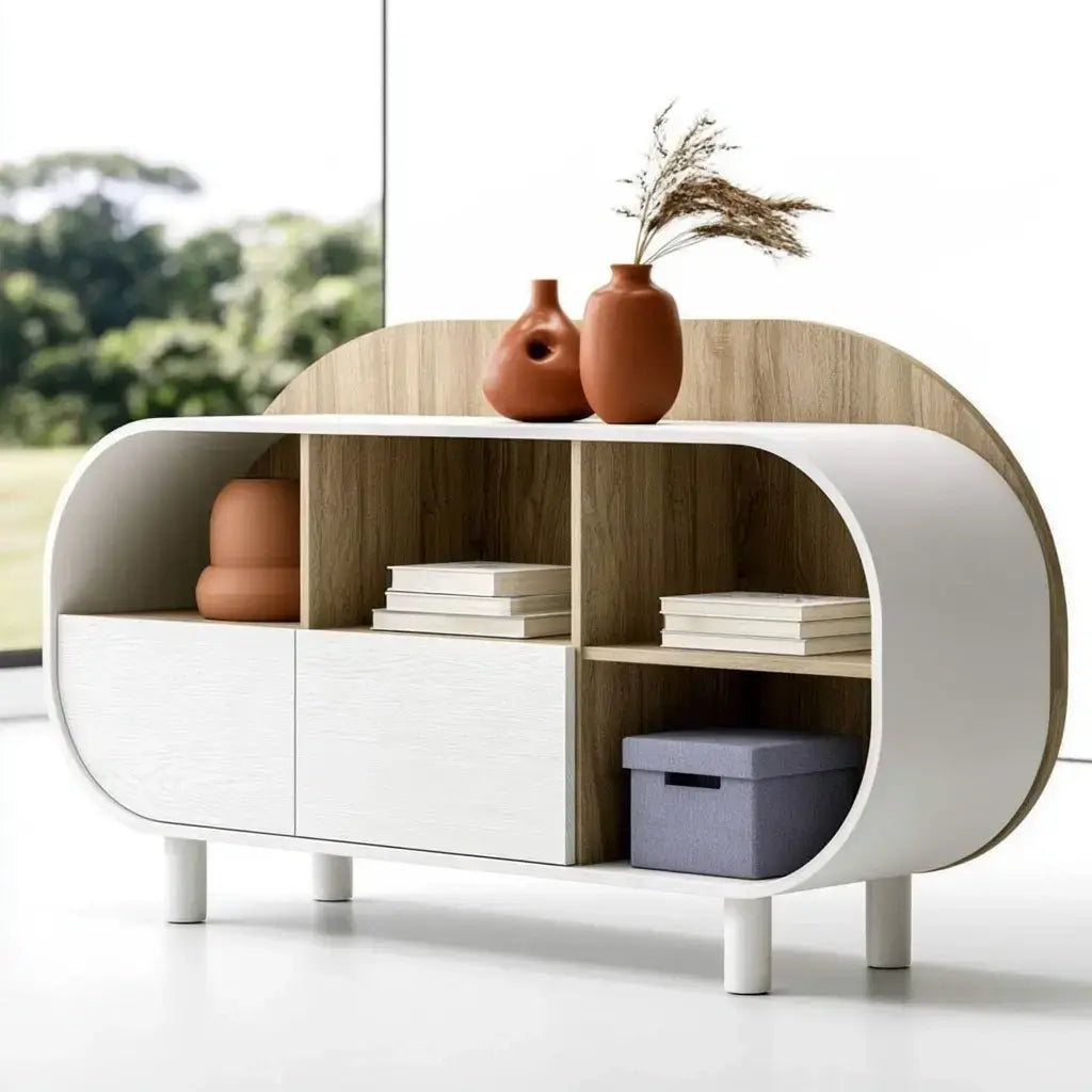 Aparador con cuerpo ovalado y nichos abiertos - beige/blanco