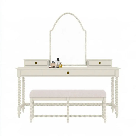 Tocador con espejo curvo y banco - beige