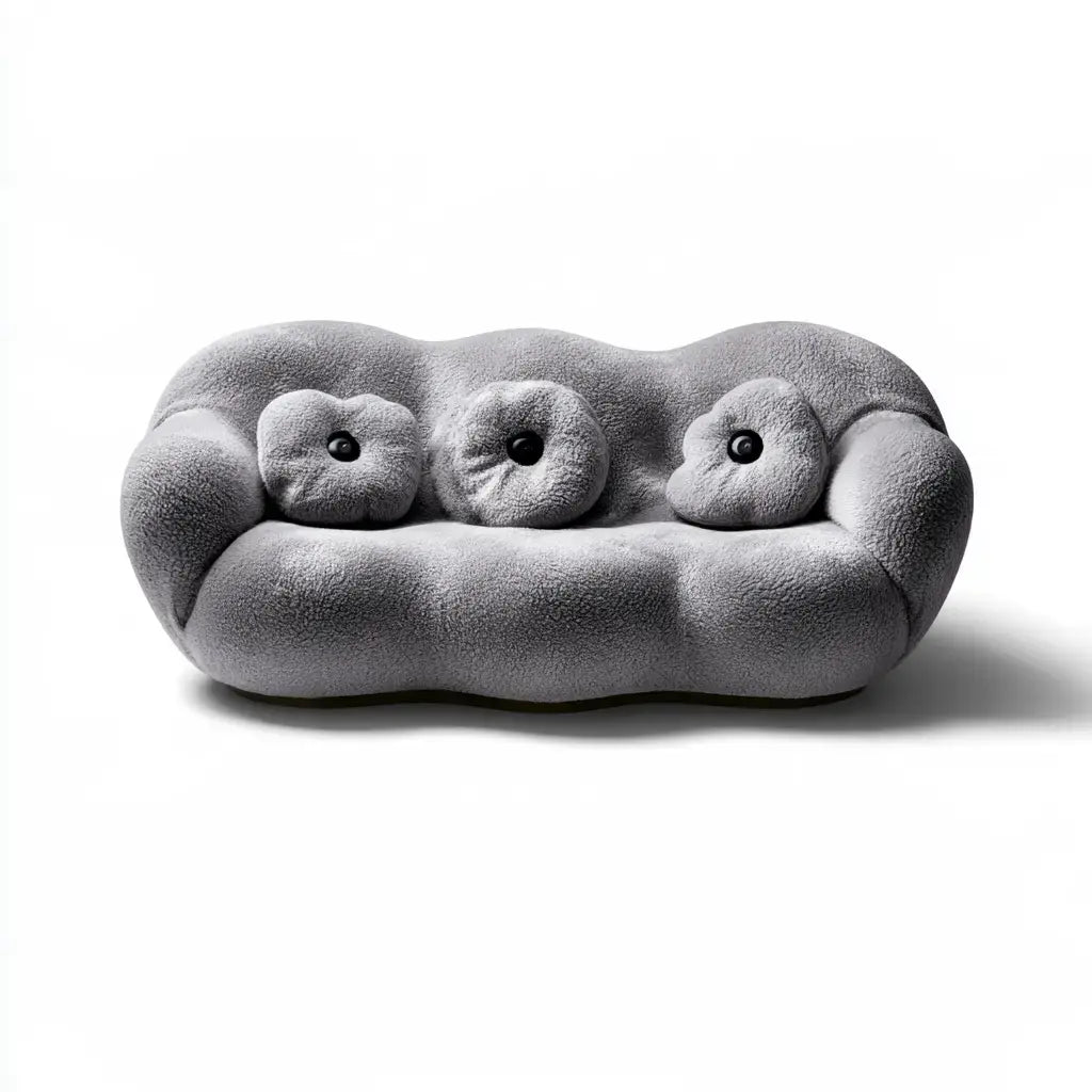Sofá gris con contorno acolchado y cojines redondos, ideal para sala, de la marca coatrackhaven.