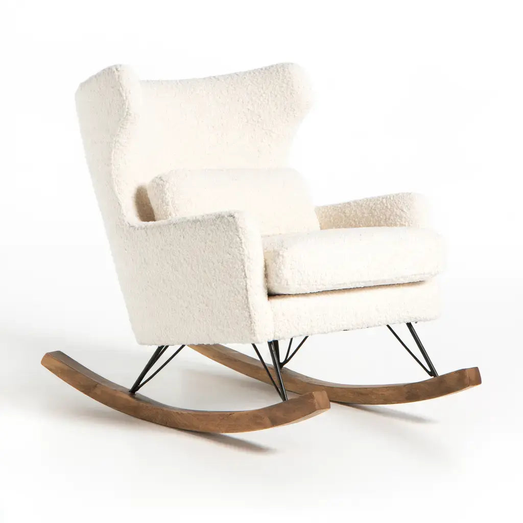 Mecedora beige y marrón con brazos rectos y respaldo alto, sillón cómodo de la marca coatrackhaven, ideal para descansar.